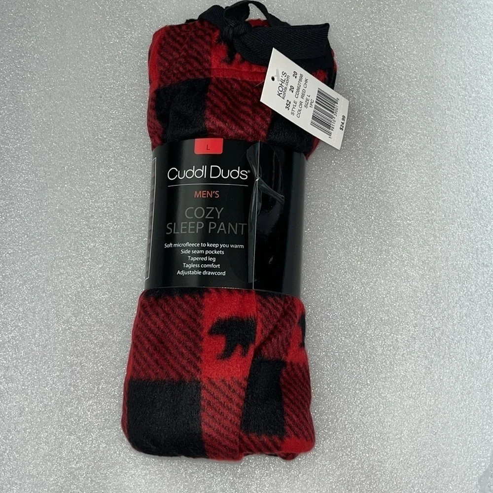 🆕 Men’s Cuddl Duds Cozy Sleep Pant Red Black Checkered Bear Print Size Large